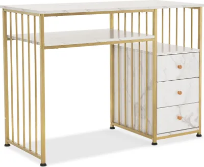 Produktbild von M MCombo Schreibtisch mit Schubladen, Schminktisch ohne Spiegel Marmor-Weiß Gold, Nageltisch aus Holz Metallgestell, Computertisch Wohnzimmer Modern, 109 x 45,5 x 81cm, 2407
