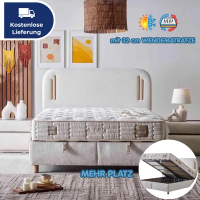 Produktbild von Bambi Boxspringbett 180x200 mit Bettkasten mit Matratzen Bohemela Set Stauraum 7-Komfortzonen H3 Beige