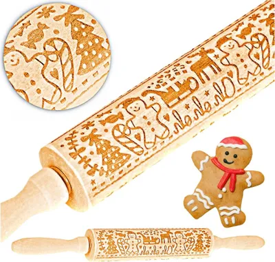 Produktbild von Nudelholz aus Holz mit Weihnachtsmotiven und dekorativer Gravur