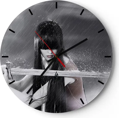 Produktbild von Wanduhr - Rund - Glasuhr - Frau Aggression Schwert - 30x30cm - Schleichendes Uhrwerk - Lautlos - zum Aufhängen bereit - Dekoration Modern - Wanddekoration aus Glas - C3AR30x30-2261