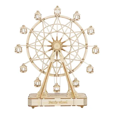 A wooden model of a Ferris wheel on a white background.