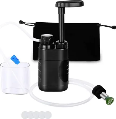 A portable water filter kit for outdoor use, including a filter pump, tubing, a cup, and replacement filters, all laid out on a white background.