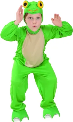 A child wearing a frog costume is posing for a photo against a white background.