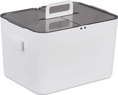 Zdjęcie produktu dla Apteczka domowa Relaxdays, 5 przegródek, apteczka pierwszej pomocy z 2 oddzielnymi półkami, tworzywo sztuczne, wys. x szer. x gł.: 22 x 28,5 x 21,5 cm, biało-szara