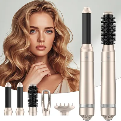 Immagine prodotto di Stylizzatore per capelli 5-in-1 - Set di spazzole per capelli - Per acconciare i capelli - Accessori intercambiabili - 8 x 4,5 x 48 cm - Oro