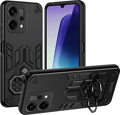Obrázek produktu pro Pouzdro pro Reno14, dvouvrstvé pouzdro PC+TPU, nárazuvzdorný kryt s kovovým kroužkem a stojánkem Černá