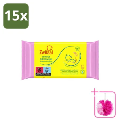 Imagen del producto de 15 paquetes de toallitas húmedas Zwitsal para bebés, formuladas para pieles sensibles, con 57 unidades por paquete. Paquete económico. (15 unidades por paquete)