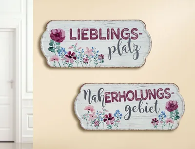 Produktbild von 2er Set Garten Metallschilder, LIEBLINGSPLATZ und NAHERHOLUNGSGEBIET , Material Metall , Maße je 35 x 15 cm, weiss rot, ideal für Garten, Terrasse, Bar, Cafe, Cafeteria oder einfach Zuhause.
