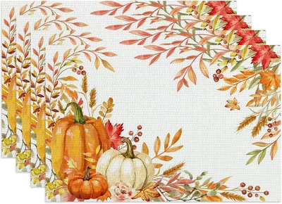 Productafbeelding van Onderzetters van PVC en polyester, afwasbaar, set van 4, met een herfstmotief van pompoenbladeren, hittebestendig