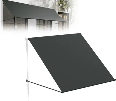 Productafbeelding van XMTECH Fallarmmarkies, 150 x 145 cm, balkonmarkies voor zonwering met UV-bescherming en weerbestendig polyester, geschikt voor montage aan balkon, raam of terras, inclusief bevestigingsmateriaal, antraciet