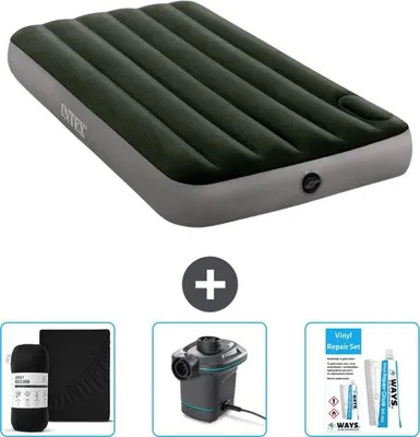 Image de Intex Lit à air - 1 personne - 99 x 191 x 25 cm - Vert - Drap-housse - Pompe et kit de réparation