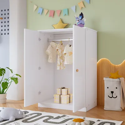 Produktbild von Flieks Kleiderschrank Garderoben Klein, Garderobenschrank Kleiderschrank mit Kleiderstange, Kinderkleiderschrank Schlafzimmerschrank, Weiß