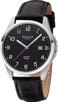 Image de Regent mens montre F-1227 cuir quartz montre bracelet en cuir noir D2URF1227