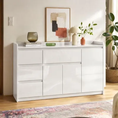 Produktbild von Sideboard Weiß Hochglanz PET 143x40x80cm aus MDF, 4 Schubladen & 3 Türen, griffloses Design, verstellbare Einlegeböden