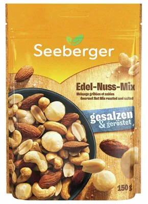 Produktbild von Seeberger Edelnussmix geröstet, gesalzen, Gemischte Nüsse, 150 g, 646 kcal, 22 g, 54 g, Tasche