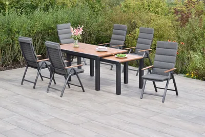 Produktbild von Merxx Gartenmöbel Set Tinos 13tlg., 6 Klappsessel inkl. Kissen, Flex Ausziehtisch 180 (180) x 100 (83) x 80 (74)cm - Aluminium/Akazie