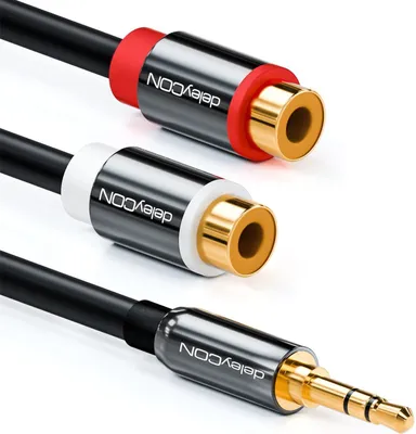 Produktbild von deleyCON 1m Kurzes Stereo Audio Cinch zu Klinken Kabel - 3,5mm Klinken Stecker zu 2x RCA Cinch Buchse - Metall - Vergoldet - Schwarz