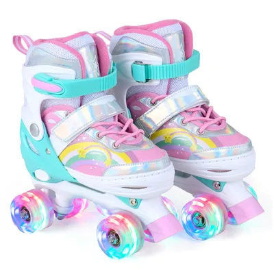 Image de Patins à roulettes COSTWAY Rainbow pour enfants, réglables sur 4 tailles, patins à roulettes à 4 roues avec roues lumineuses à LED, patins à roulettes d'extérieur pour enfants, patins à roulettes pour enfants à partir de 5 ans