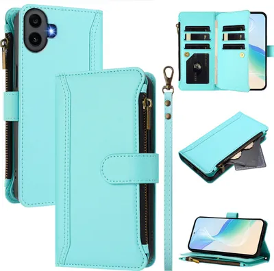 Produktbild von Handyhülle für Nothing CMF Phone 1 Reißverschluss Geldbörse Kunstleder Klapphülle mit Kartensteckplatz, Ständer, Handschlaufe Türkis