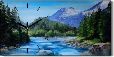 Produktbild von Dekor Leinwand Uhr Wandbilder Geräuschlos 60x30 Ölgemälde Berge Wald Fluss Natur - schwarze Hände