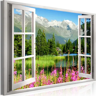 Produktbild von Modernes Wandbild Fensterblick 120x80 - 1 Teile Bilder Fotografie auf Vlies Leinwand Foto Bild Dekoration Wand Bilder Kunstdruck Gebirge Berge Natur Landschaft c-C-0297-b-a