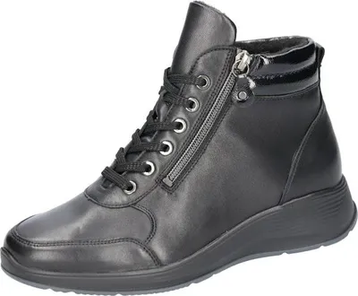 A black leather boot with laces and a zipper.