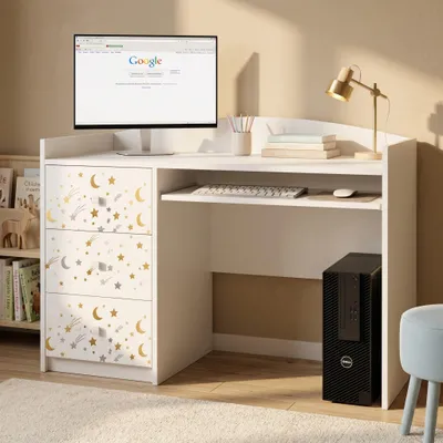 Produktbild von Weißer Kinderschreibtisch mit Schublade und Schrankfach, Schülerschreibtisch für Jungen & Mädchen, PC-Tisch Lerntisch mit Motiv