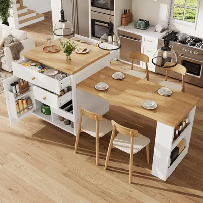 Produktbild von STILVORA Kücheninselschrank mit ausziehbarer Tischplatte 122,5–195,5 cm, Kücheninsel multifunktional, Küchenschrank Weiß