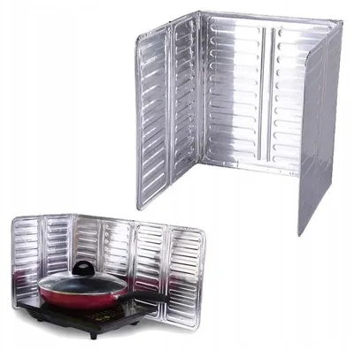 A collage of two images showing a foldable aluminum splatter screen for cooking.