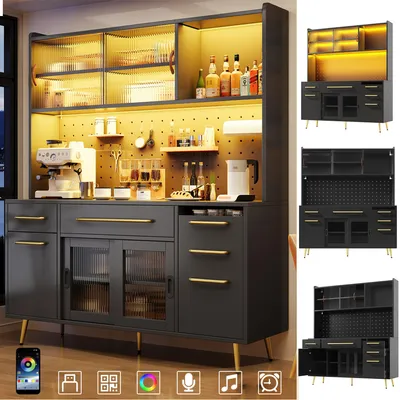 Image de Armoire de cuisine noire, armoire haute, buffet, avec plan de travail de 80 cm, panneau perforé en MDF, éclairage LED commandé par application, porte vitrée, portes coulissantes, 2 tiroirs
