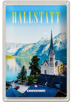 Produktbild von Blechschild Reise 20x30cm Hallstatt Österreich Berge Kirche