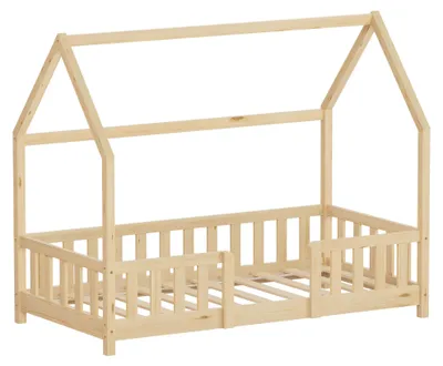 Produktbild von ML-Design Kinderbett 80x160cm mit Rausfallschutz, Dach & Lattenrost Natur Montessori Bodenbett aus massivem Kiefernholz Hausbett für Mädchen & Jungen