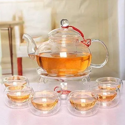 Produktbild von Teekanne aus Glas 600 ml Teeset + 6 Teekannen + Wärmer mit glasierten Filter und glasiertem Deckel aus hochwertigem Borosilicatglas