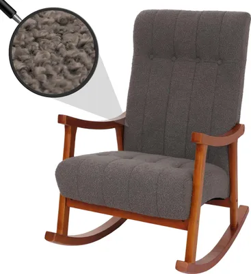Produktbild von Fotel bujany HWC-K10, leżanka, drewno   tkanina/tkanina bouclé (450g/m²) ~ ciemnoszary, rama o wyglądzie orzecha włoskiego