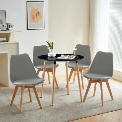 Image de Ensemble de table ronde noire et 4 chaises en bois de hêtre gris, dimensions : 80x80x74 cm