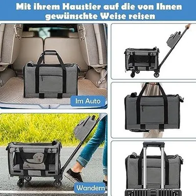 Produktbild von FANTASK Tragbarer Transportkorb mit Teleskopgriff, Rädern und kleiner Tasche, Faltbarer Reisekorb für kleine und mittelgroße Haustiere