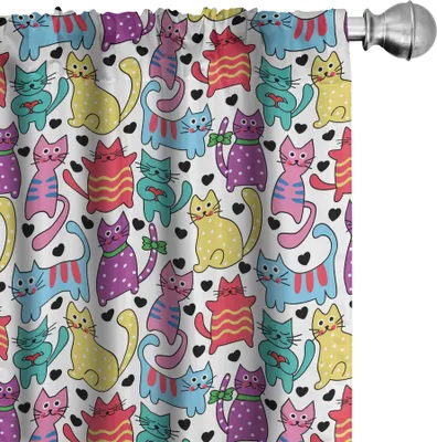 Produktbild von ABAKUHAUS Katze Vorhänge, Gardinen, Karikatur-Art lebhafte farbige freundliche fröhliche Charaktere mit Herz-Glück-Liebe, 2 Stück 75 x 225 cm, Mehrfarbig