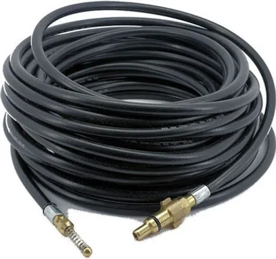 A coiled black hose with brass fittings on a white background.