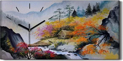 Produktbild von Dekor Leinwand Uhr Wandbilder 60x30 Malerei Abstrakte Berge Bäume Nebel - schwarze Hände