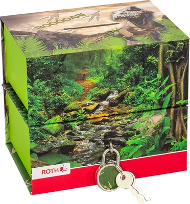 Produktbild von ROTH Spardose - Tyrannosaurus mit zwei Fächern - Magnet, Schloss und Schlüssel, Sparbüchse aus Pappe