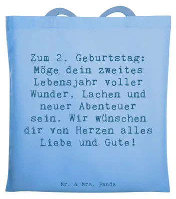Produktbild von Mr. & Mrs. Panda Uni Tasche Spruch 2. Geburtstag Wünsche - Sky Blue - Geschenk, Tote Bag, von Herzen, Laptoptasche, Baumwollbeutel, Meilenstein, Shopping, Alter