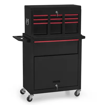 Produktbild von M MCombo 2 in 1 Werkstattwagen inkl. Koffer mit 6 Fächern, 1 Schrank & 6 Haken, Werkzeugwage, Rollwagen Metall Abschließbar, 0097 ( (Schwarz-Rot)