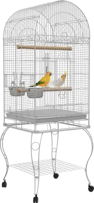 Produktbild von PawHut Vogelkäfig mit Rädern, Outdoor-Vogelkäfig mit abnehmbarem Tablett, Gitter, 2 Edelstahlnäpfen, Regal und Sitzstange für Sittiche, 51 x 51 x 153 cm, Weiß