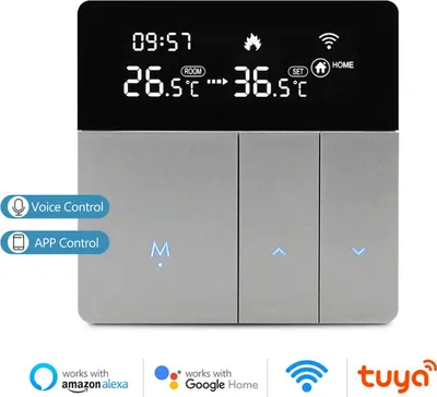 A smart thermostat with a digital display and touch-sensitive buttons, shown against a white background. It displays time, temperature, and icons indicating heating and Wi-Fi connectivity. Text overlays indicate voice and app control compatibility with Ama