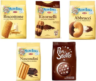 Produktbild von Testpaket Mulino Bianco Kekse Biscuits Cookies Nascondini ( 1x 600g ) Ritornelli Abbracci BisBaumwollee Pan di Stelle ( 4 x 700g )