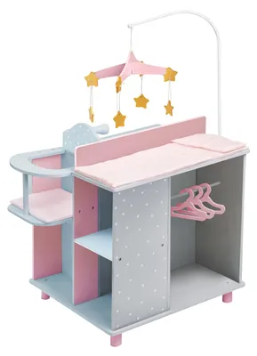 Produktbild von Olivia's Little World gepunktete Prinzessin Wickelkommode aus Holz mit Hochstuhl, Spülbecken, Schrank und Aufbewahrungswürfeln, Grau/Rosa/Weiß