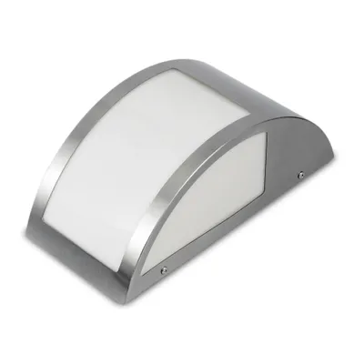 A modern, curved outdoor wall light with a brushed metal frame and a frosted white diffuser.