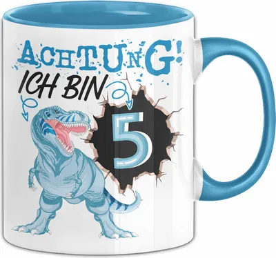 Produktbild von 5. Geburtstag Geschenk Tasse Becher Jungs Sohn T-Rex Geburtstagsgeschenk Dinosaurier Achtung Ich bin 5 (Blau)