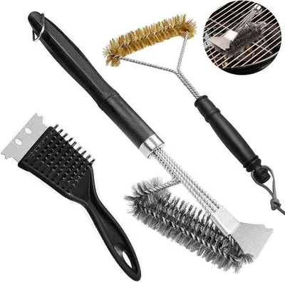Produktbild von 3-in-1 Grillbürsten-Set aus Edelstahl mit Schaber und Kunststoffgriff – 360° Reinigung für Gasgrills – Grillbürste für Garten, Feiern und Camping
