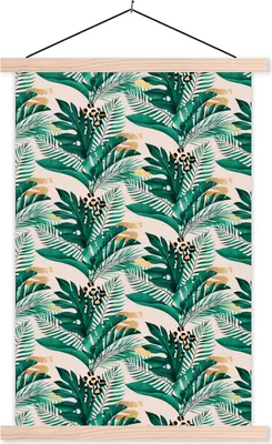 Produktbild von MuchoWow® Textilposter Tropical - Blätter - Pantherdruck 60x90 cm mit holzfarbenen Rahmen - Textil
